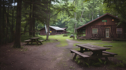 A nostalgic summer camp with old cabins and activities.


