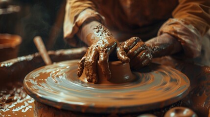 An individual working on a pottery wheel, shaping a clay pot, with wet hands and spinning wheel in motion