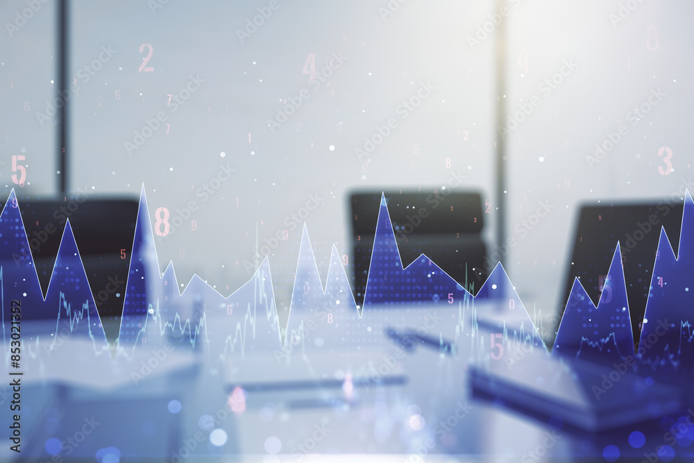 Poster Abstract creative analytics data spreadsheet and modern desktop with pc on background, analytics and analysis concept. Multiexposure