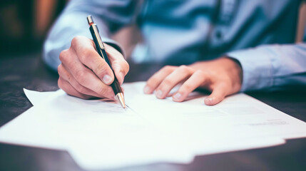 Businessman Signing Important Documents at Office Desk. Desk contract