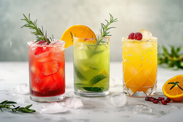 Three glasses of different colored drinks with garnishes on top