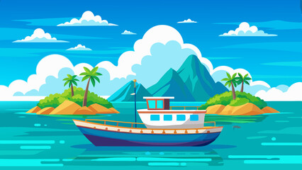 A boat in turquoise ocean water with a backdrop of blue sky, white clouds, and a tropical island. A perfect natural landscape for a summer vacation
