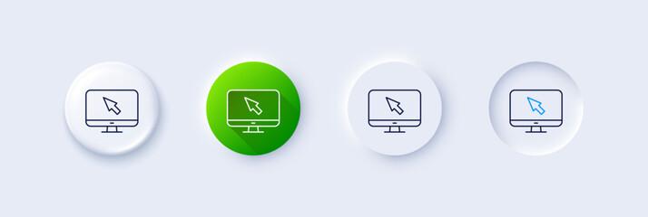 Computer or Monitor icon. Neumorphic, Green gradient, 3d pin buttons. Mouse cursor sign. Personal computer symbol. Line icons. Neumorphic buttons with outline signs. Vector