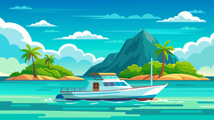 A boat in turquoise ocean water with a backdrop of blue sky, white clouds, and a tropical island. A perfect natural landscape for a summer vacation