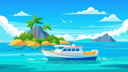 A boat in turquoise ocean water with a backdrop of blue sky, white clouds, and a tropical island. A perfect natural landscape for a summer vacation