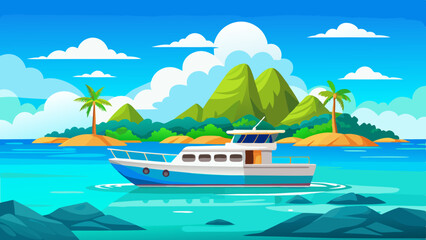 A boat in turquoise ocean water with a backdrop of blue sky, white clouds, and a tropical island. A perfect natural landscape for a summer vacation © Sumondesigner_42