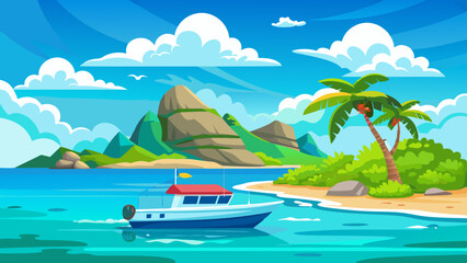 A boat in turquoise ocean water with a backdrop of blue sky, white clouds, and a tropical island. A perfect natural landscape for a summer vacation