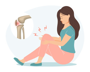 Sad young woman with pain in her knees and knee joint. The concept of health and medicine. Illustration, vector