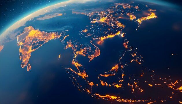 Satellite view of Earth globe from space, city lights by night, Asia map, China India