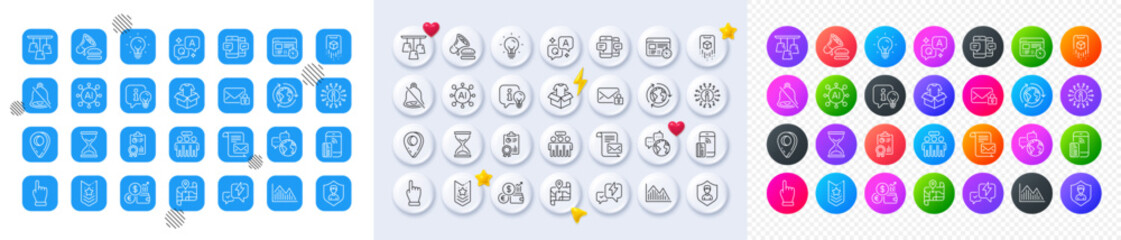 Outsourcing, Map and World communication line icons. Square, Gradient, Pin 3d buttons. AI, QA and map pin icons. Pack of Smartphone sms, Time hourglass, Currency rate icon. Vector