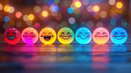 Happy Glowing 3D Emoji Balls in with Bokeh Background.