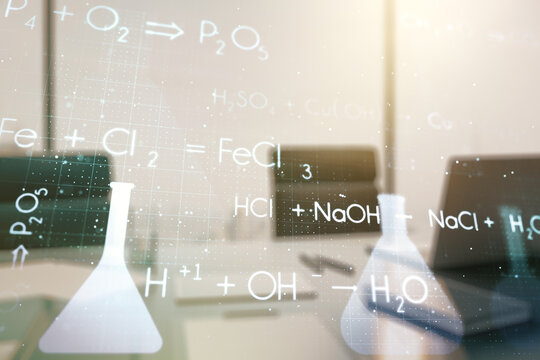 Creative chemistry hologram and modern desk with computer on background, pharmaceutical research concept. Multiexposure - Powered by Adobe