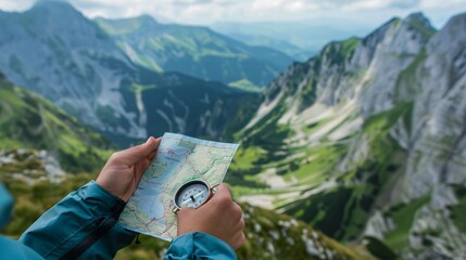A person holding a compass and a map, planning a hiking route with a scenic mountain background