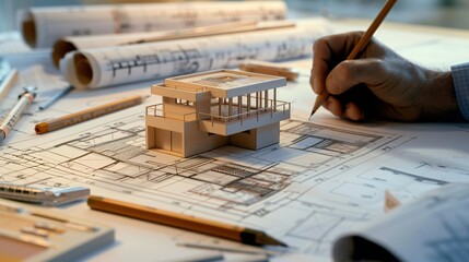 A person sketching architectural designs on a drawing board, with various drafting tools and blueprints