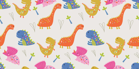 Seamless pattern with several types of dinosaurs on a light background. Cute dinosaurs with a Dinosaur Day theme. It can be used for wrapping paper, gift wrapping, textiles, etc.