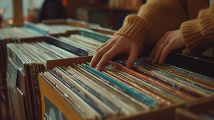 A person sorting through vinyl records, with a close-up of their hands and the colorful album covers