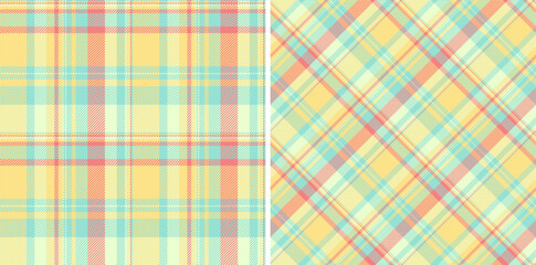 Check textile plaid of pattern vector background with a tartan seamless texture fabric. Set in rainbow colors. Cloth material types.