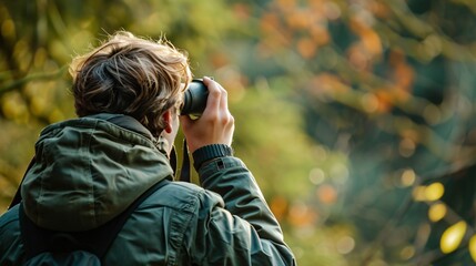 Fototapeta premium A person using binoculars to birdwatch, with a close-up of the binoculars and a scenic nature backdrop