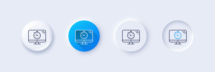 Seo timer line icon. Neumorphic, Blue gradient, 3d pin buttons. Search engine optimization sign. Analytics symbol. Line icons. Neumorphic buttons with outline signs. Vector
