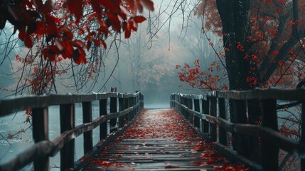 red bridge in the autumn over the river