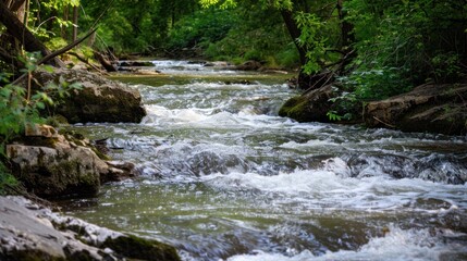 Obraz premium A serene stream flows through a lush verdant forest