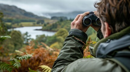 A person using binoculars to birdwatch, with a close-up of the binoculars and a scenic nature backdrop