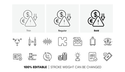 Baggage reclaim, Sound wave and Checked calculation line icons. Pack of Reject book, Call center, Auction hammer icon. Currency, Coronavirus vaccine, Education pictogram. Genders. Line icons. Vector