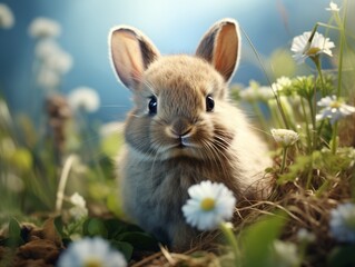 Cute Bunny in a Field of Daisies