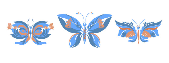 Obraz premium Beautiful butterfly. Stylized floral ornament. Flower symbol in yellow and blue colors. Summer mood