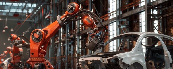 Precision Automation, Industrial Robots Assembling Car Frames in a Modern Factory.