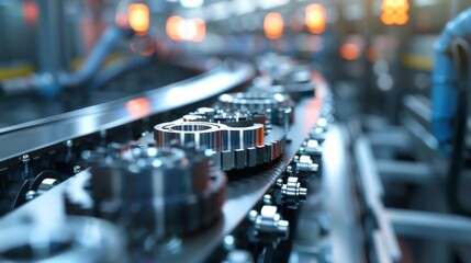 Automated Assembly Line Producing Auto Parts on Conveyor Belt.