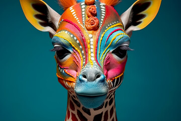 A giraffe with a colorful face painted on it.
