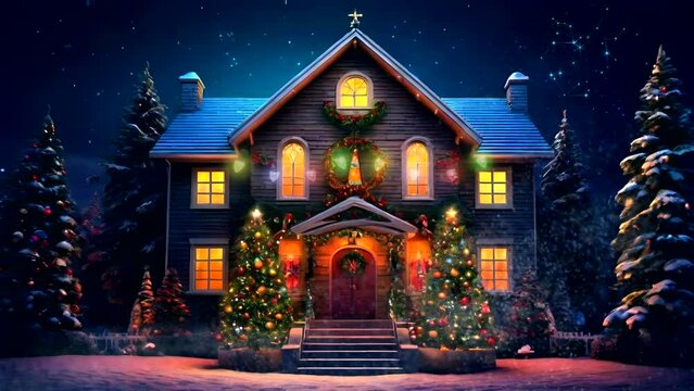 snow pine tree Christmas church Cozy Atmosphere Seamless looping 4k time-lapse virtual video animation