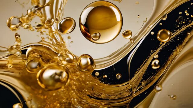 splash of golden liquid captured mid-air against a light beige background. The fluid motion and reflective surfaces create a sense of luxury and elegance