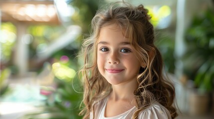 Obraz premium Cheerful Young Girl Smiling Brightly Against a Minimalistic White Background, Exuding Innocence and Joy
