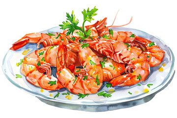 A plate of delicious cooked and seasoned shrimp, isolated on transparent png background