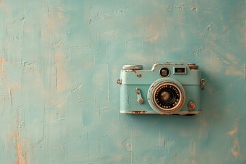 Vintage turquoise camera on distressed blue wall. Perfect retro aesthetic for design projects or photography themes. Unique and charming piece.