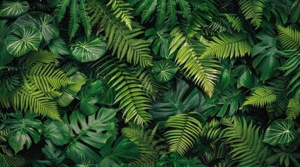 Fototapeta premium Immersed in a sea of vibrant green fern leaves this close up snapshot captures the essence of nature up close Resting flat against a dark backdrop it embodies the lush beauty of tropical fo