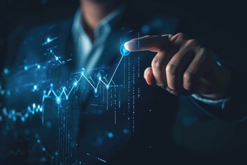 A businessman points his finger at a growing graph upward. Business hologram. Successful business and efficiency concept.