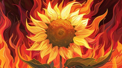 Illustration of a vibrant sunflower surrounded by flames, symbolizing resilience and beauty in adversity. Perfect for expressive, artistic projects.