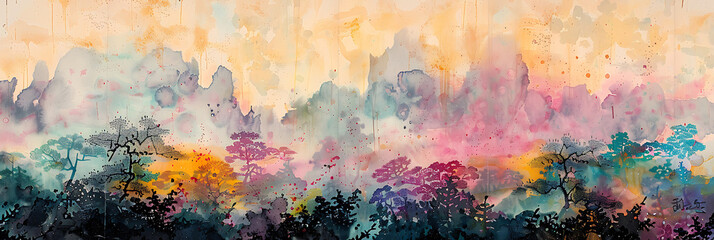 Fototapeta premium Chinese style watercolor painting of valley and flowers , panorama wallpaper, the beauty of sensitive lines