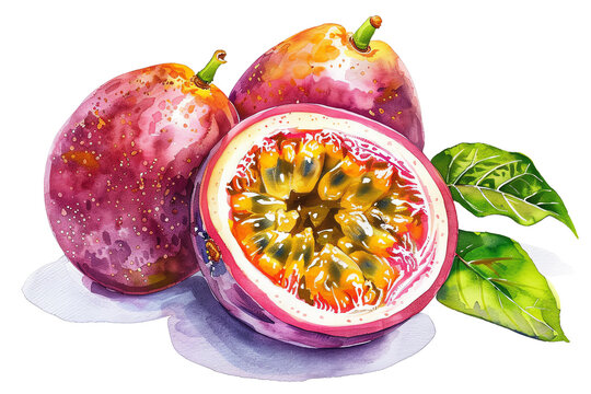 watercolor illustration of passion fruit, isolated on transparent png background