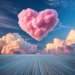 A pink heart in the blue cloudy sky
