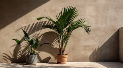 Palm plant and shadows on the concrete wall.