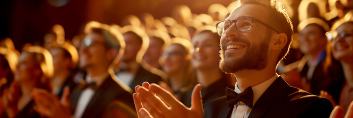 Enthusiastic audience clapping. A joyous event showing enthusiastic young man applauding in a crowd. Perfect for illustrating appreciation, success, or positive reactions in motivational