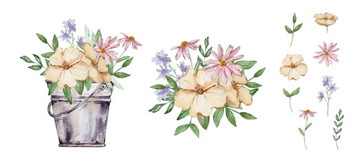Watercolor bucket with garden flowers set