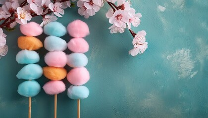 Colorful cotton candy over blue background with copy space