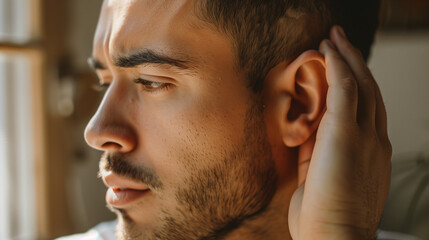 Obraz premium Man putting his hand on his ear. Deficiency hearing acoustic problem. Deaf concept