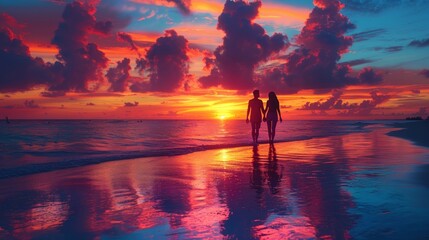Fototapeta premium Romantic couple on the beach at colorful sunset on background 