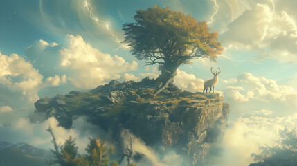 A majestic deer stands on a floating rock island with a grand tree, surrounded by clouds and sunlight.